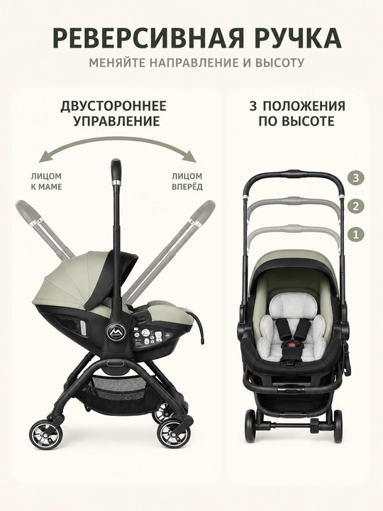 Коляска-автокресло 3 в 1, переноска, реверсивная ручка, для прогулок и поездок