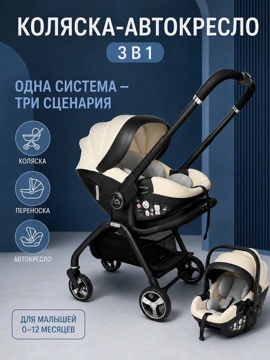 Коляска-автокресло 3 в 1, переноска, реверсивная ручка, для прогулок и поездок - 