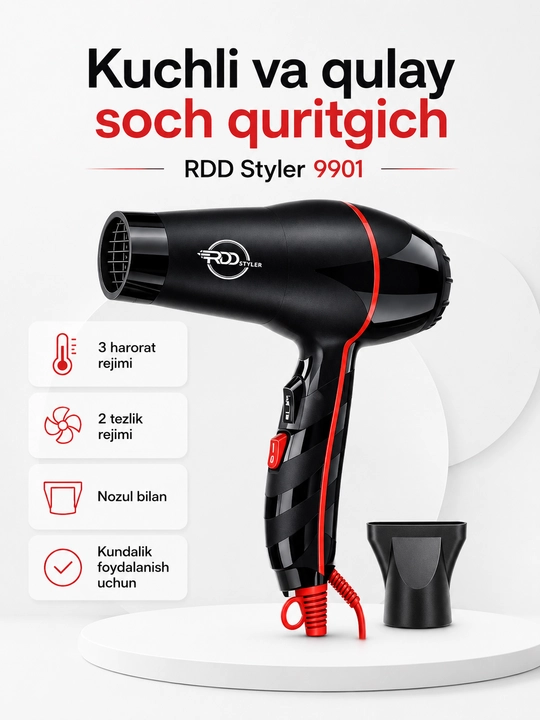 RDD Styler 9901 professional soch quritgich fen, 3 harorat, 2 tezlik, nasadkali