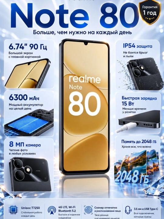Смартфон realme Note 80, 6.74″ LCD 90 Гц, 6300 мА·ч, камера 8 МП, Unisoc T7250 4G LTE IP54 - 