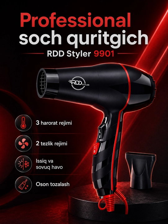 RDD Styler 9901 professional soch quritgich fen, 3 harorat, 2 tezlik, nasadkali