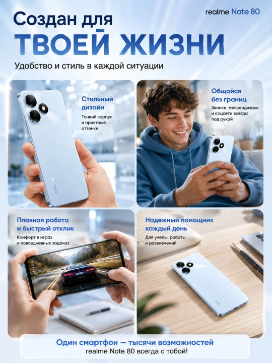 Смартфон realme Note 80, 6.74″ LCD 90 Гц, 6300 мА·ч, камера 8 МП, Unisoc T7250 4G LTE IP54