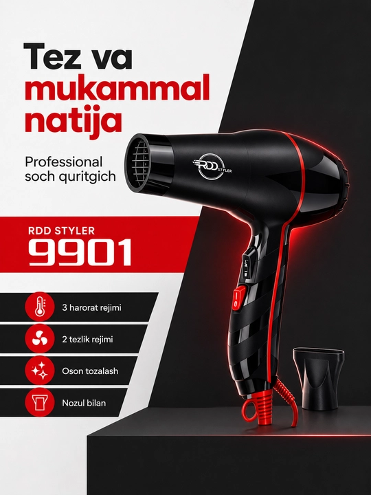 RDD Styler 9901 professional soch quritgich fen, 3 harorat, 2 tezlik, nasadkali - 