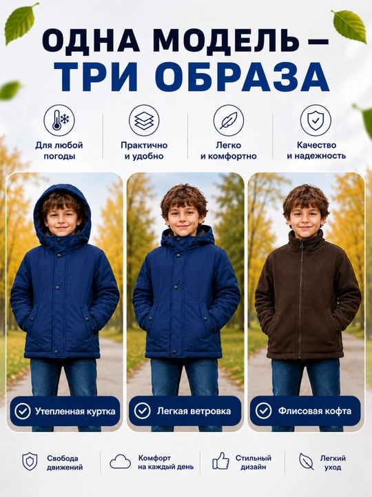 Куртка для мальчиков 2в1, детская, демисезонная ветровка с флисом, капюшоном, 90–150 см