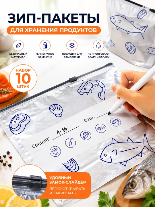 Зип пакеты с фольгой и замком Zip Lock, 10 штук – многоразовые упаковочные пакеты