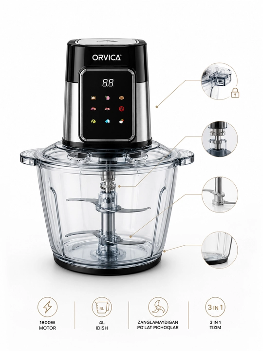 Электрический измельчитель ORVICA ORM-2023 3 в 1, 4 л, 1800 Вт, кухонный чоппер