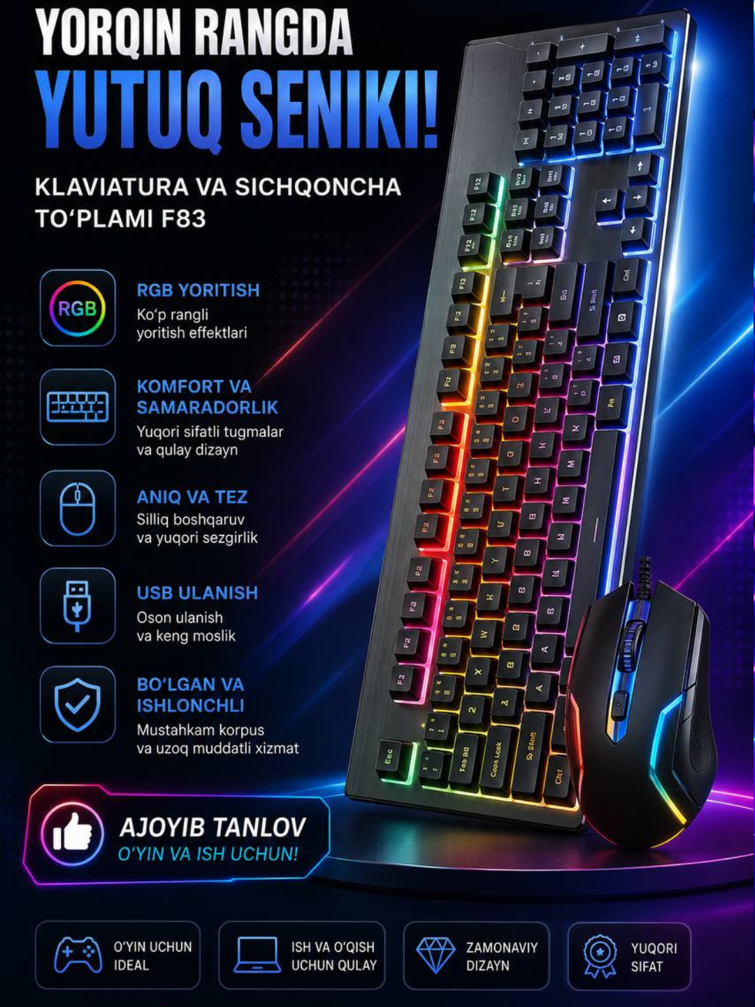 RGB Klaviatura va Sichqoncha To‘plami 107 Tugmali USB Gaming Keyboard Combo