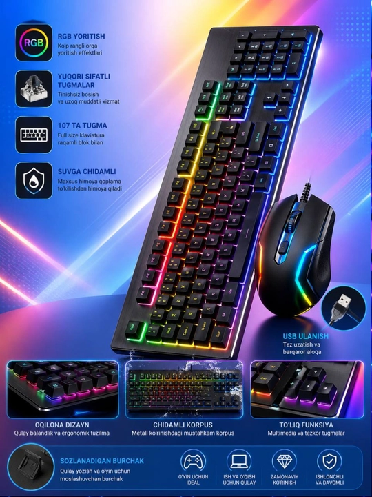 RGB Klaviatura va Sichqoncha To‘plami 107 Tugmali USB Gaming Keyboard Combo
