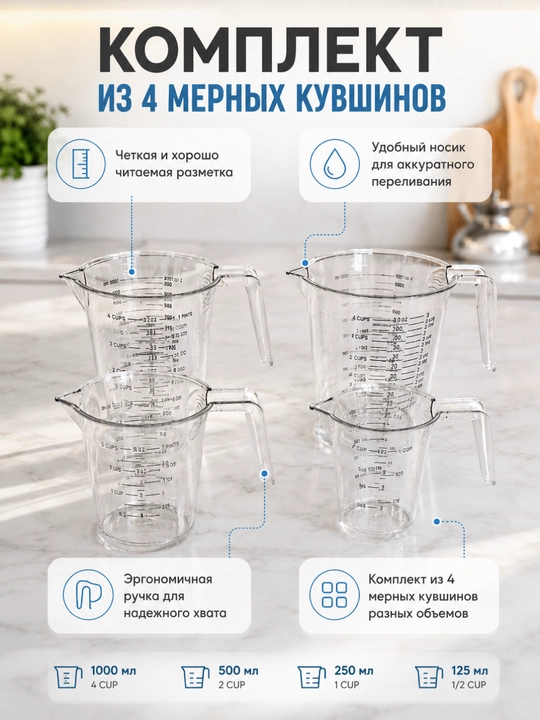 O‘lchov shkalali o‘lchov ko‘zalari to‘plami, 4 dona (125/250/500/1000 ml) - 