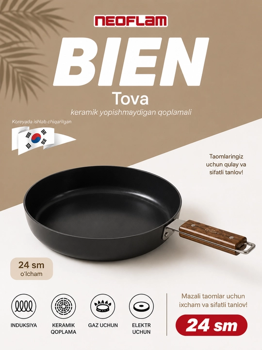 NEOFLAM BIEN tova, 24 sm, to'liq induksion, keramik qoplama, qopqoqsiz - 