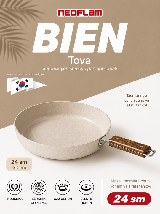 NEOFLAM BIEN tova, 24 sm, to'liq induksion, keramik qoplama, qopqoqsiz - 