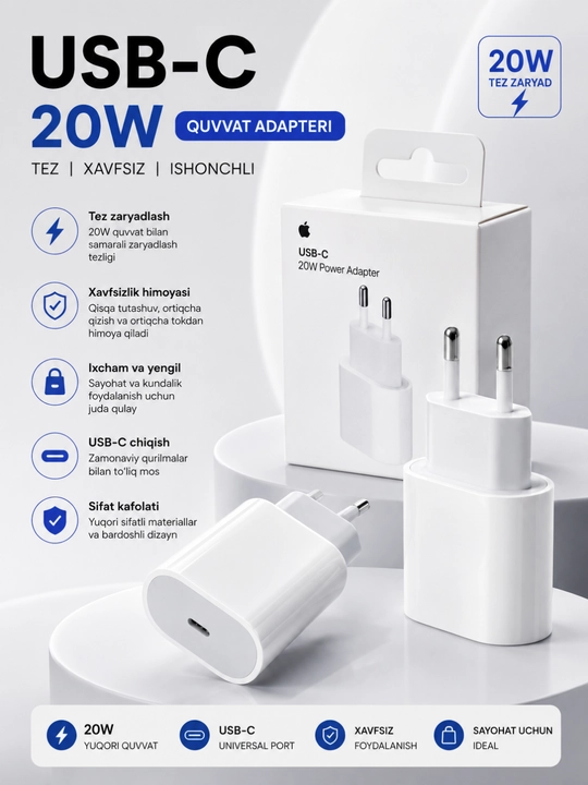 20W USB-C Tezkor Quvvatlagich Adapteri – Xavfsiz, Tezkor va Barqaror Zaryadlash - 