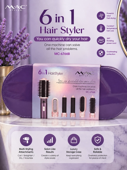 6 in 1 Hair Styler Soch Turmaklagich - Fen, Jingalak va Tekislagich To‘plami - 