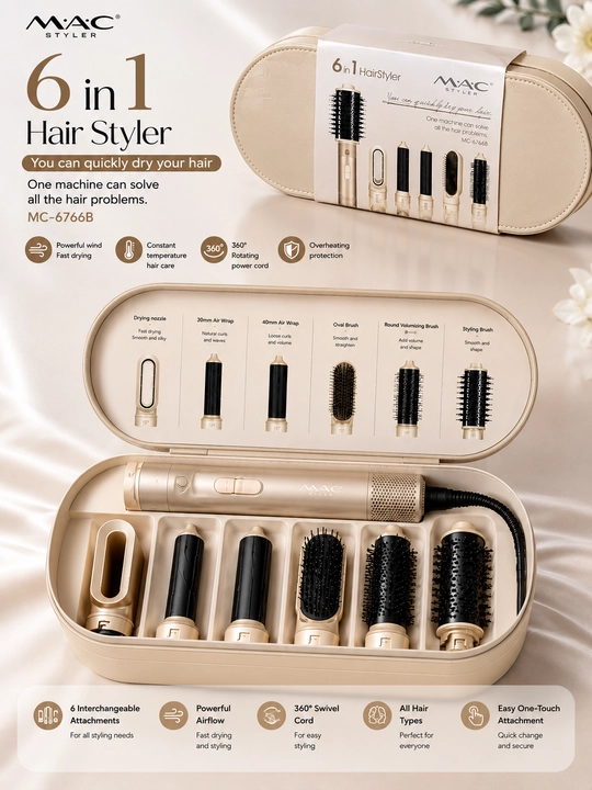 6 in 1 Hair Styler Soch Turmaklagich - Fen, Jingalak va Tekislagich To‘plami - 