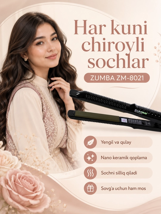 ZUMBA Professional ZM-8021 nano keramik plastinali soch tekislagich, raqamli displeyli - 