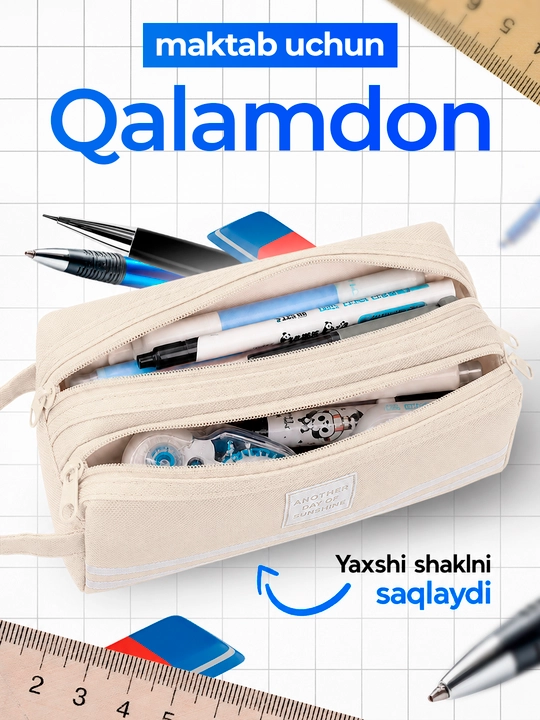 Maktab matoli qalamdoni, penal, ikkita qisqich va dastali, sig‘imli organayzer - 