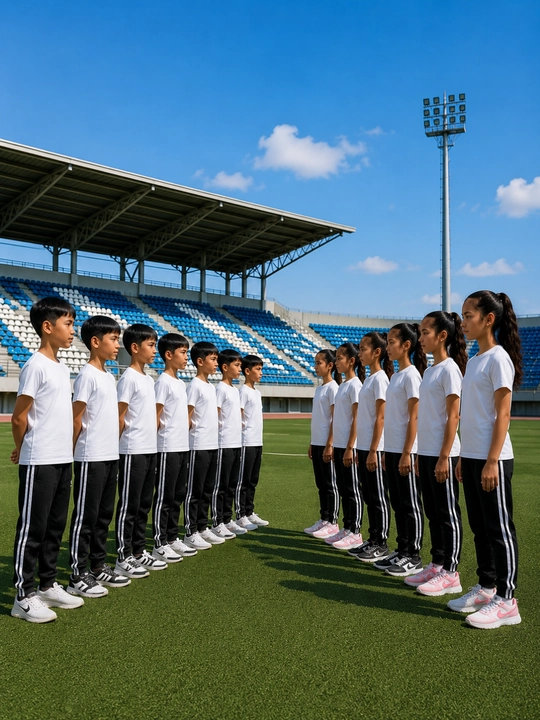 Bolalar maktab formasi oq futbolka qora sport shim o‘g‘il va qizlar uchun qulay kiyim