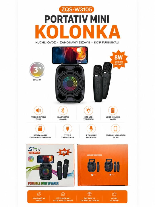 Zqs-w3105 portativ bluetooth kolonka 8w 2 simsiz mikrofonli karaoke karnay - 