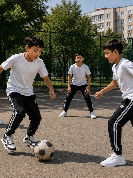 Bolalar maktab formasi oq futbolka qora sport shim o‘g‘il va qizlar uchun qulay kiyim