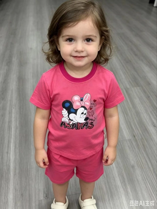 Qizlar uchun yozgi kostyum pushti futbolka va shortik sichqoncha printli