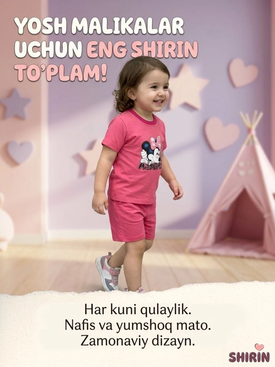 Qizlar uchun yozgi kostyum pushti futbolka va shortik sichqoncha printli