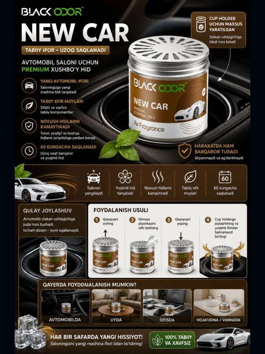 BLACK ODOR NEW CAR avtomobil aromatizatori, tabiiy efir moylari, 60 kungacha