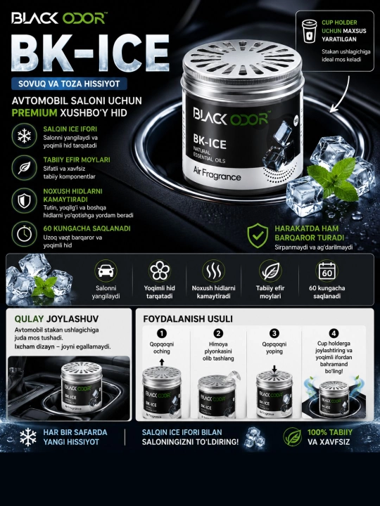 Автомобильный ароматизатор BLACK ODOR NEW CAR с натуральными эфирными маслами, до 60 дн - 