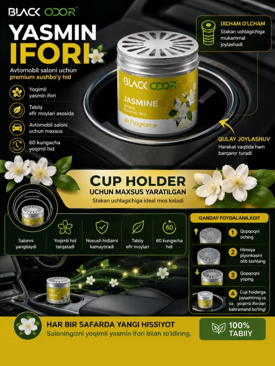 BLACK ODOR NEW CAR avtomobil aromatizatori, tabiiy efir moylari, 60 kungacha
