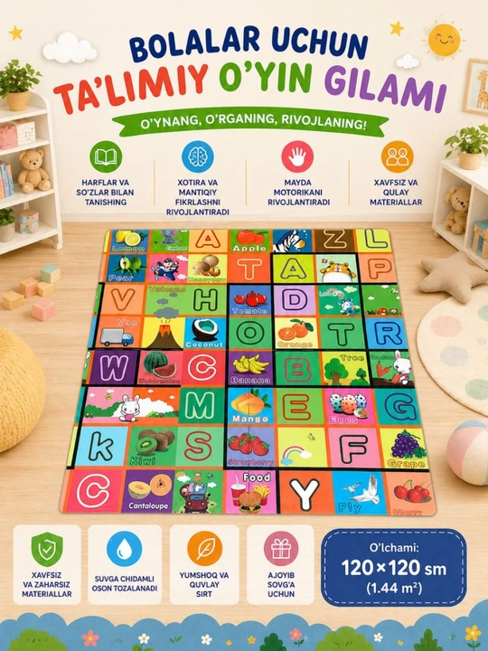 Bolalar uchun yig‘ma o‘yin gilami, 120×120 sm - 
