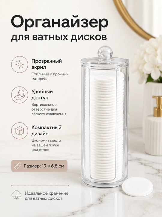 Paxta disklar uchun shaffof, qopqoqli organayzer-dispenser - 