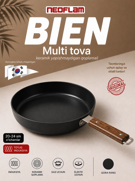 NEOFLAM BIEN Multi-Tova 20-24 sm, quyma alyuminiy, keramik qoplamali, to‘liq induksion - 