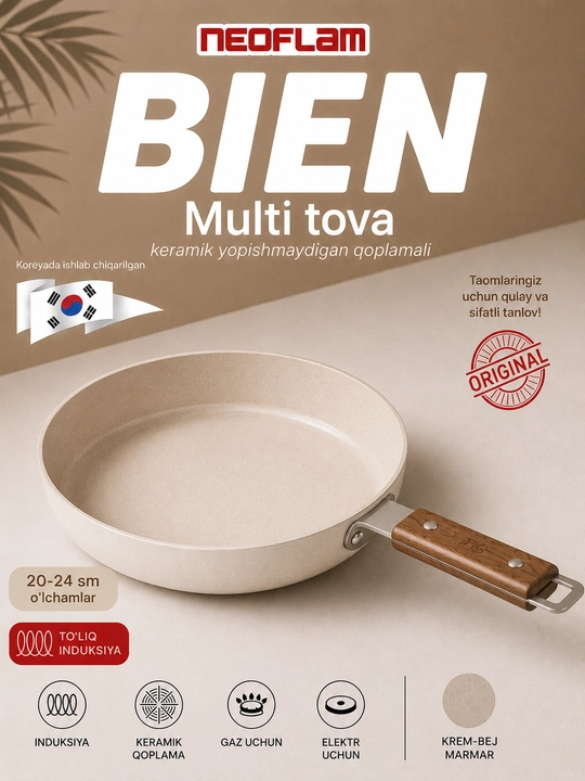 NEOFLAM BIEN Multi-Tova 20-24 sm, quyma alyuminiy, keramik qoplamali, to‘liq induksion - 