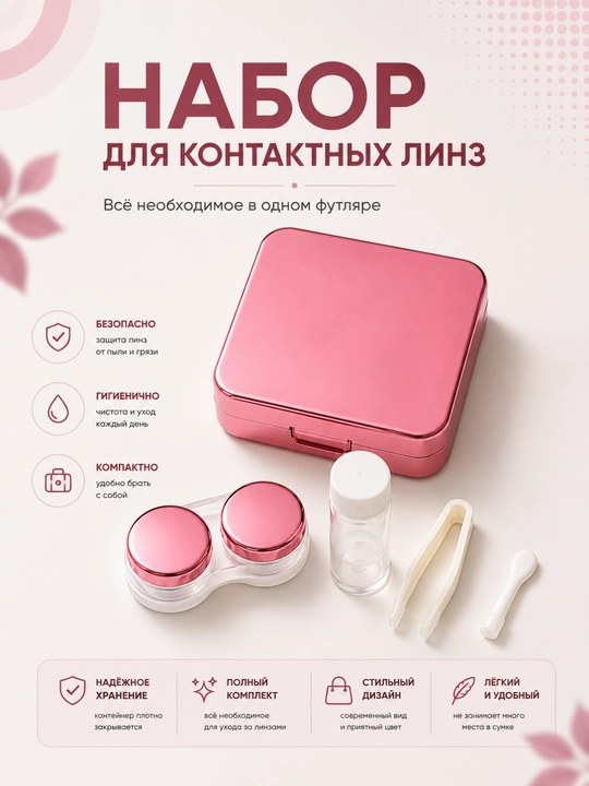 Набор для контактных линз с зеркалом, компактный футляр, контейнер, пинцет и аппликатор - 