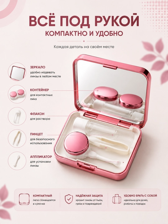 Набор для контактных линз с зеркалом, компактный футляр, контейнер, пинцет и аппликатор