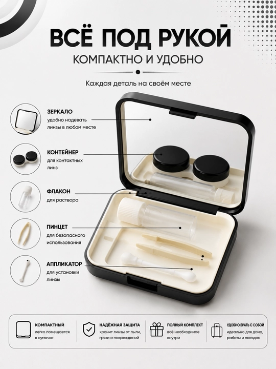 Набор для контактных линз с зеркалом, компактный футляр, контейнер, пинцет и аппликатор