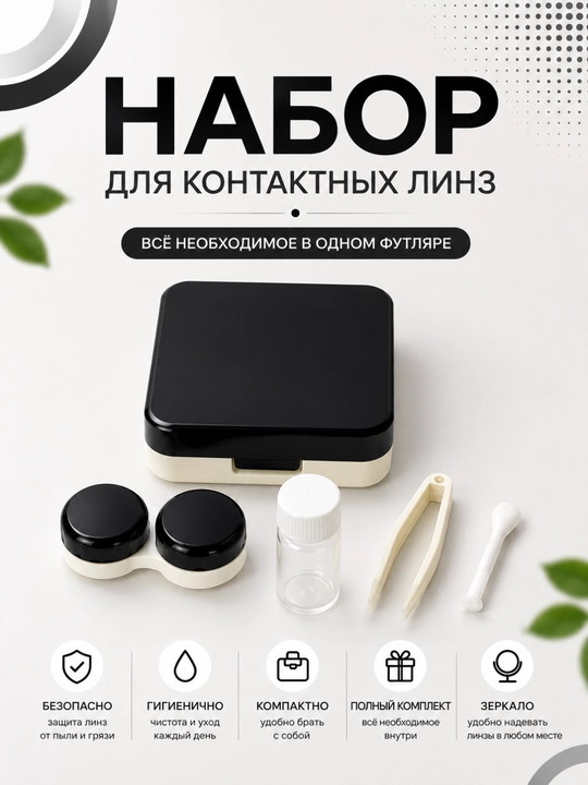 Набор для контактных линз с зеркалом, компактный футляр, контейнер, пинцет и аппликатор - 