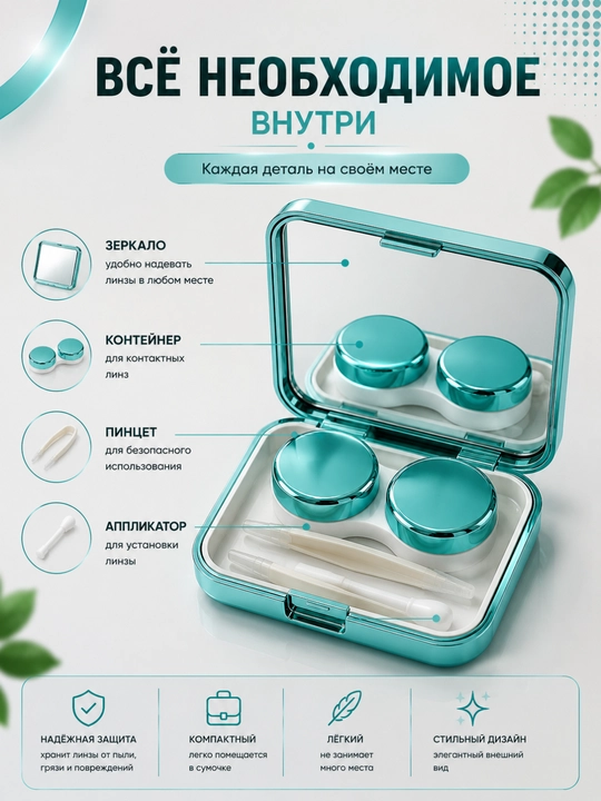 Набор для контактных линз с зеркалом, контейнером, пинцетом и аппликатором