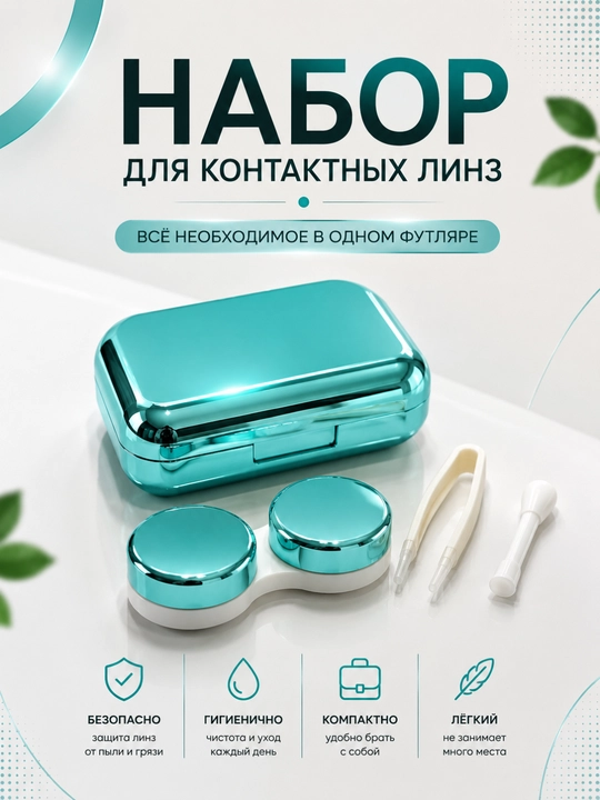 Набор для контактных линз с зеркалом, контейнером, пинцетом и аппликатором - 