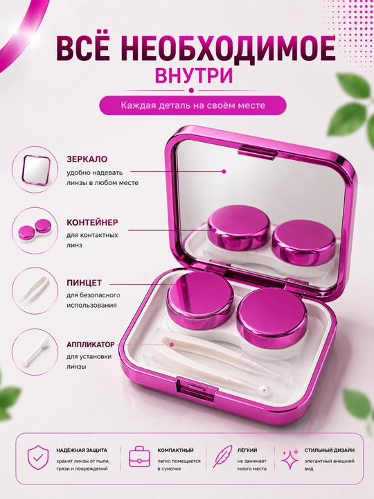 Набор для контактных линз с зеркалом, контейнером, пинцетом и аппликатором