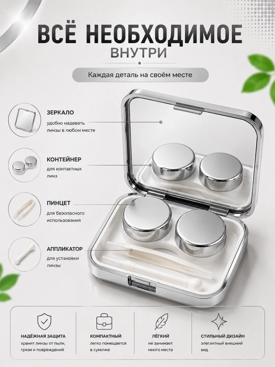 Набор для контактных линз с зеркалом, контейнером, пинцетом и аппликатором