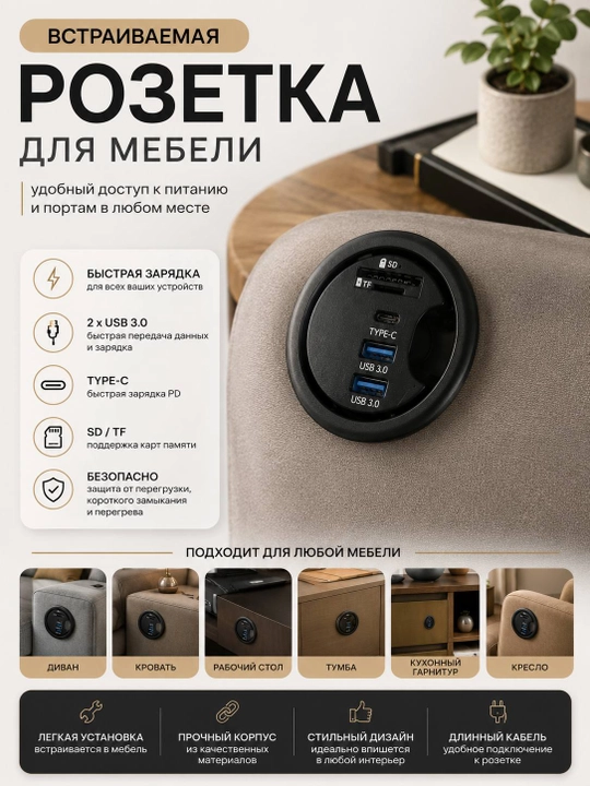 Mebelga o‘rnatiladigan rozetka USB 3.0, Type-C hamda SD/TF kartalar uchun slotlar bilan - 