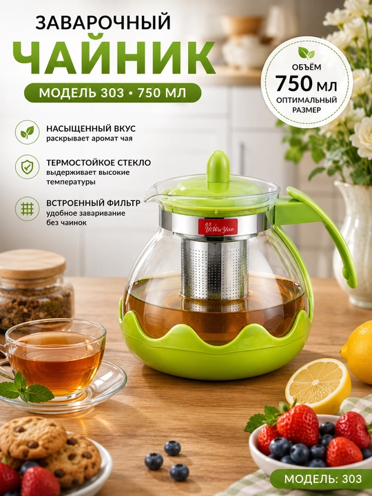 Чайник заварочный стеклянный 1.8 л с металлическим фильтром, термостойкий - 