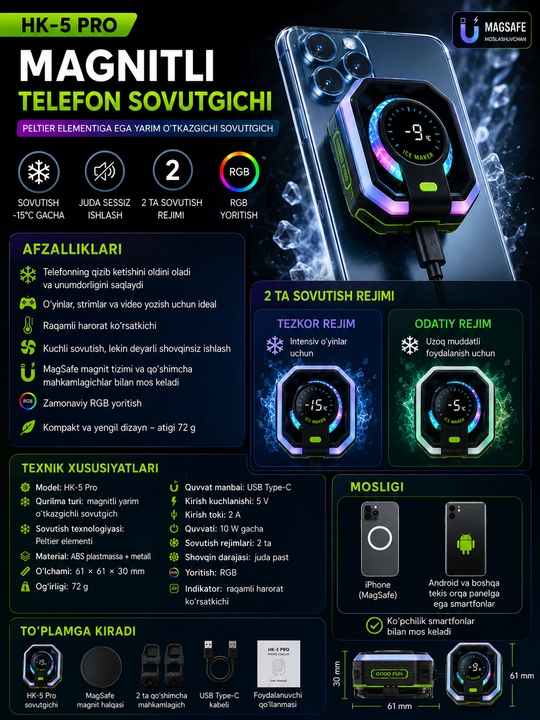HK-5 Pro/MEMO sovutgich, USB Type-C kabeli, MagSafe
