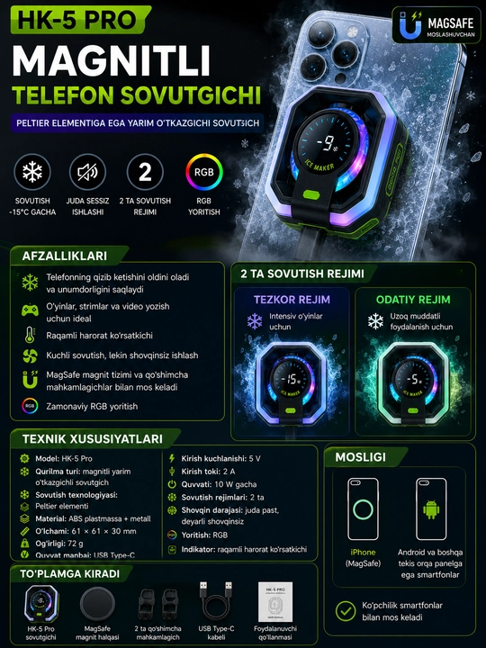 HK-5 Pro/MEMO sovutgich, USB Type-C kabeli, MagSafe