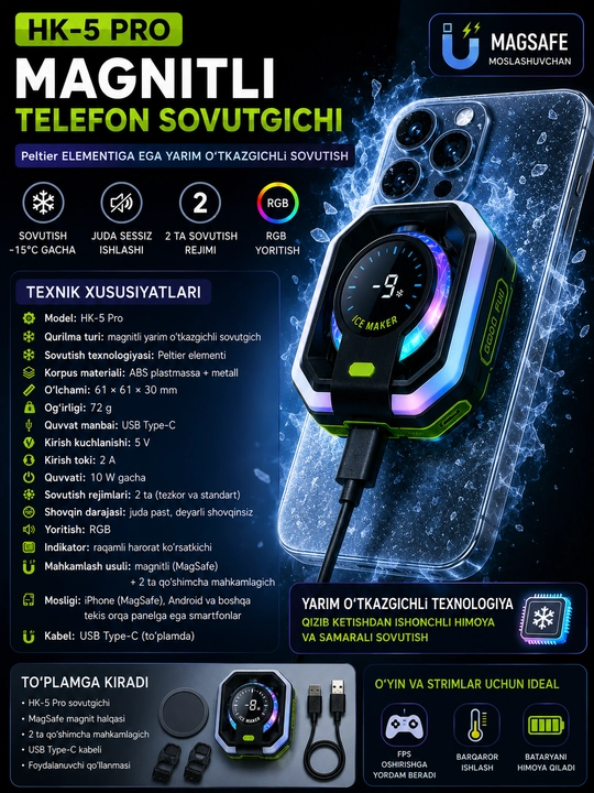 HK-5 Pro/MEMO sovutgich, USB Type-C kabeli, MagSafe