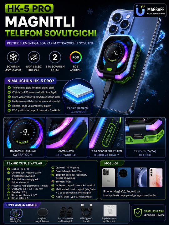 HK-5 Pro/MEMO sovutgich, USB Type-C kabeli, MagSafe