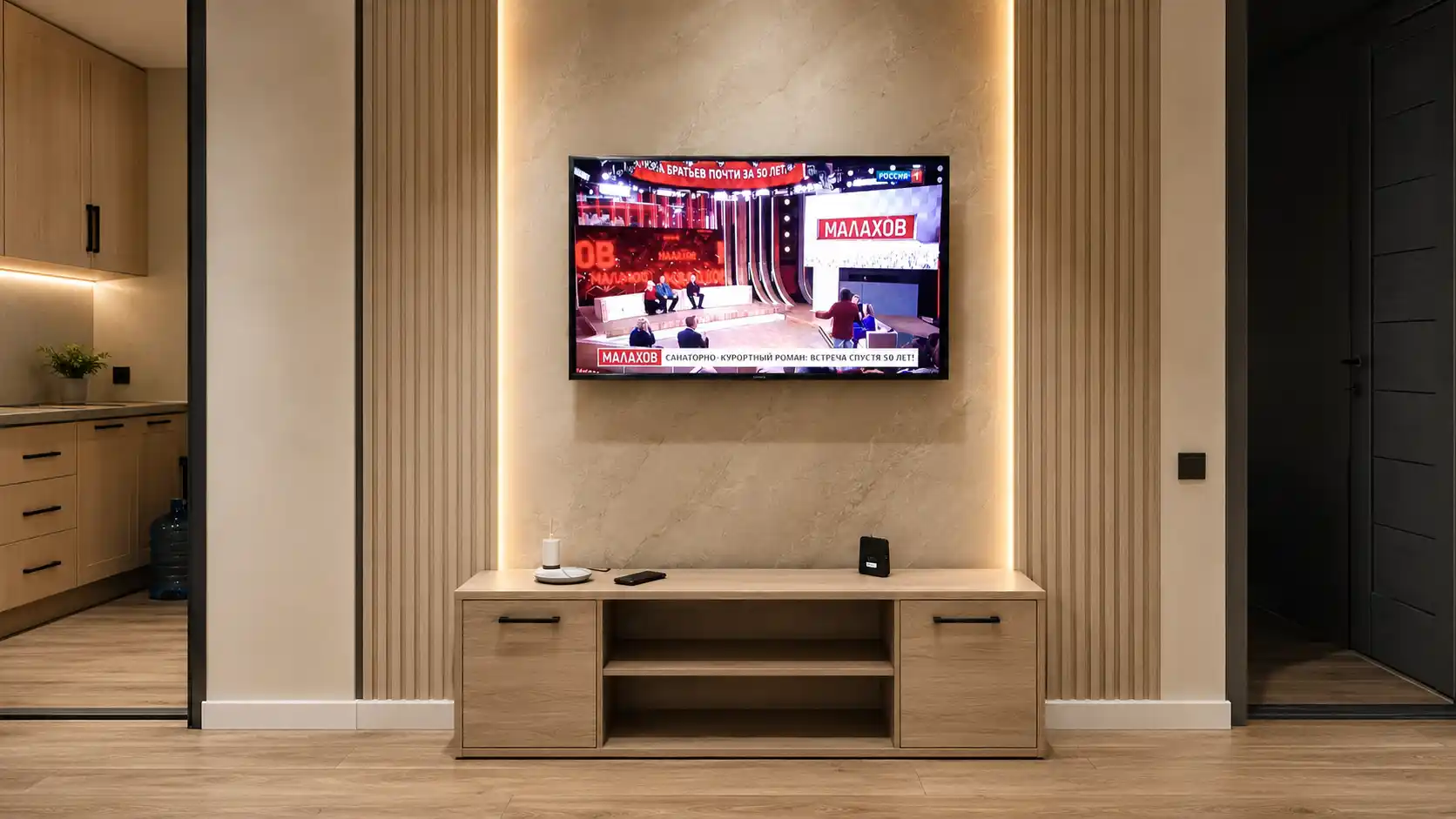 TV01.TV Tumba LDSP – zamonaviy televizor shkafi, mehmonxona uchun minimalist TV stend