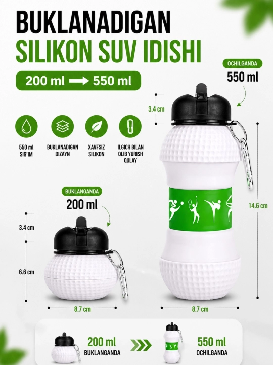 Qatlanadigan silikon sport suv idishi, Yig'iladigan butilka, 550 ml / 200 ml