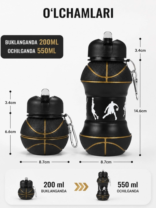 Qatlanadigan silikon sport suv idishi, Yig'iladigan butilka, 550 ml / 200 ml