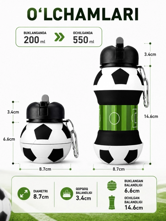Qatlanadigan silikon sport suv idishi, Yig'iladigan butilka, 550 ml / 200 ml